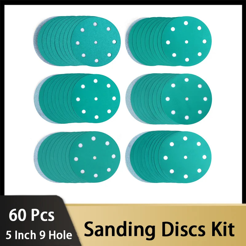 

60 Pcs Sanding Discs 5inch 9Hole 80~320 Assorted Grit Sandpaper Wet Dry Film-Backed Green Line Hook and Loop Use