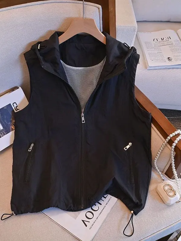 

plus Size 300 Pou Faionable Hooded Vest Outerwear Women's Loose Casual Slimming Spring Summer Thin Jaet Zipper ket