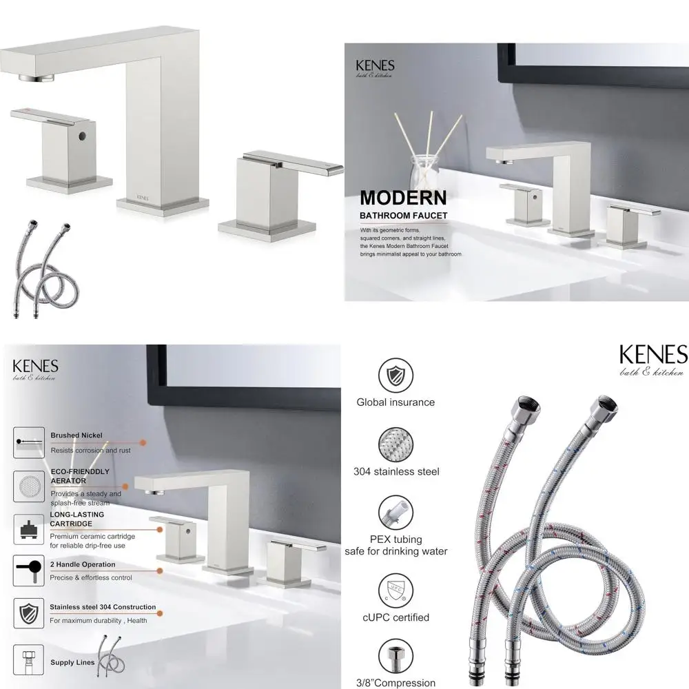 

3-Hole Brushed Nickel Widespread Bathroom Sink Faucet with Lead-Free Hose, KE-9050