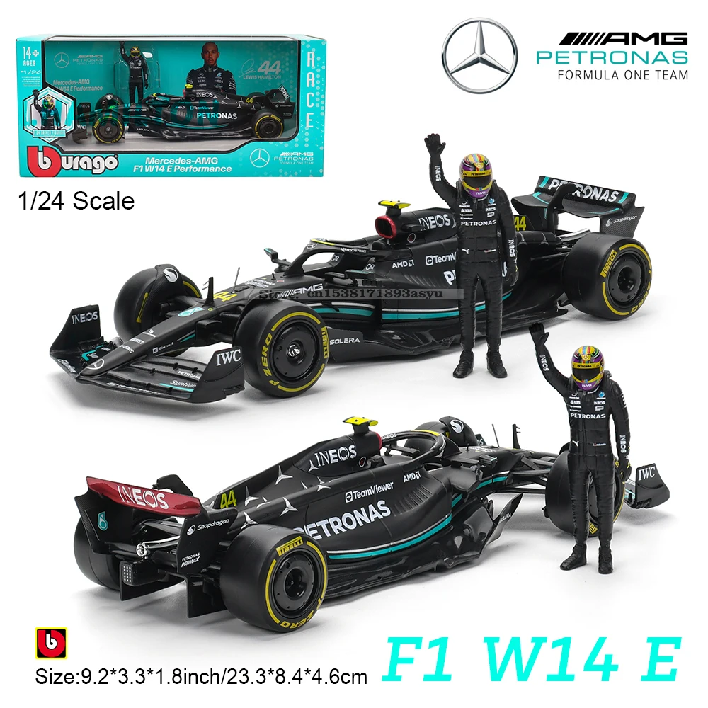 Bburago 1:24 2023 F1 Mercedes-AMG W14 + ชนะตุ๊กตา44 # HAMILTON 63 # Russell สีสูตรหนึ่งโลหะผสมโมเดลรถยนต์ของเล่นสุด