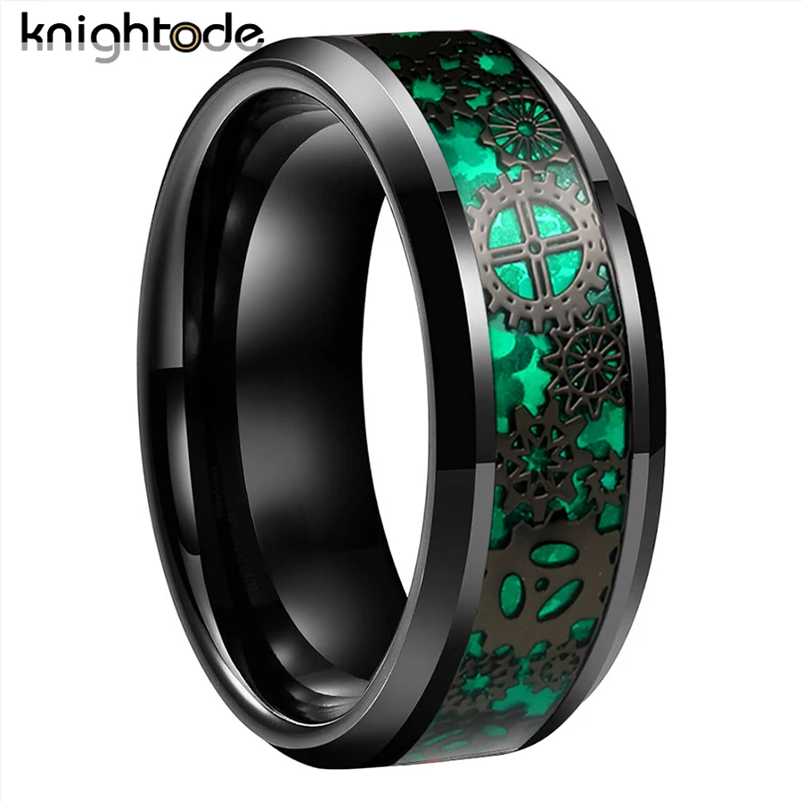 

2 Colors Opal 8mm Black Tungsten Carbide Rings Mechanical Gear Wheel Inlay Wedding Band Beveled Edges Polished Comfort Fit