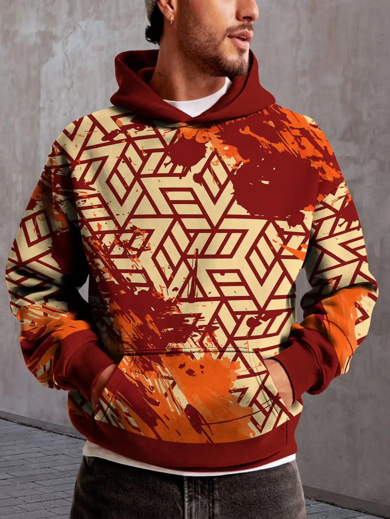 

Colorful checkered patchwork style 3D print hoodie outdoor retro pattern hooded sweatshirt casual street style pullover hoodie