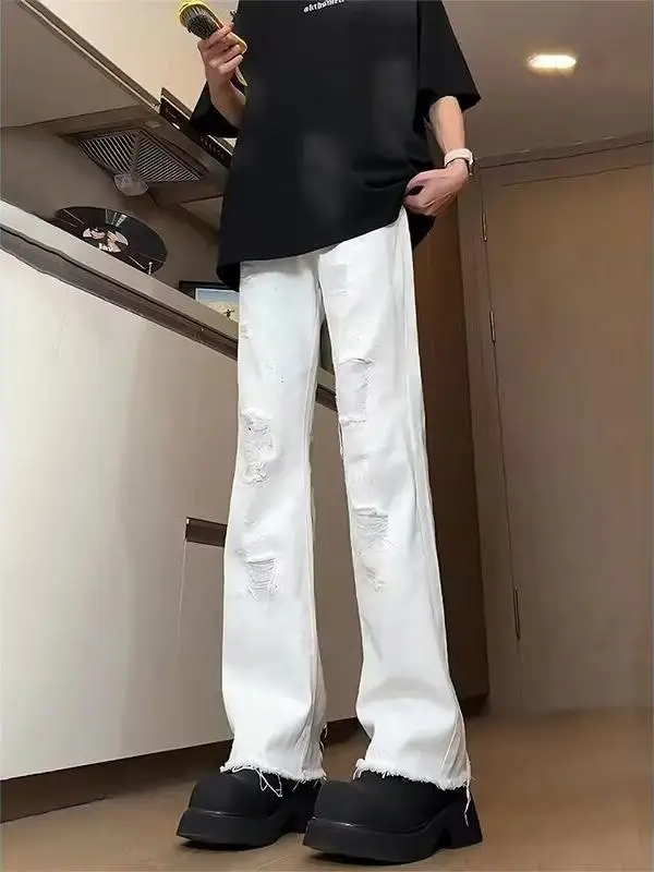 

White Torn Straight Leg Men's Jeans 2025 New Sle High Street Slim Fit Loose Vibe Bell Bot mid Waist Long Pants Casual