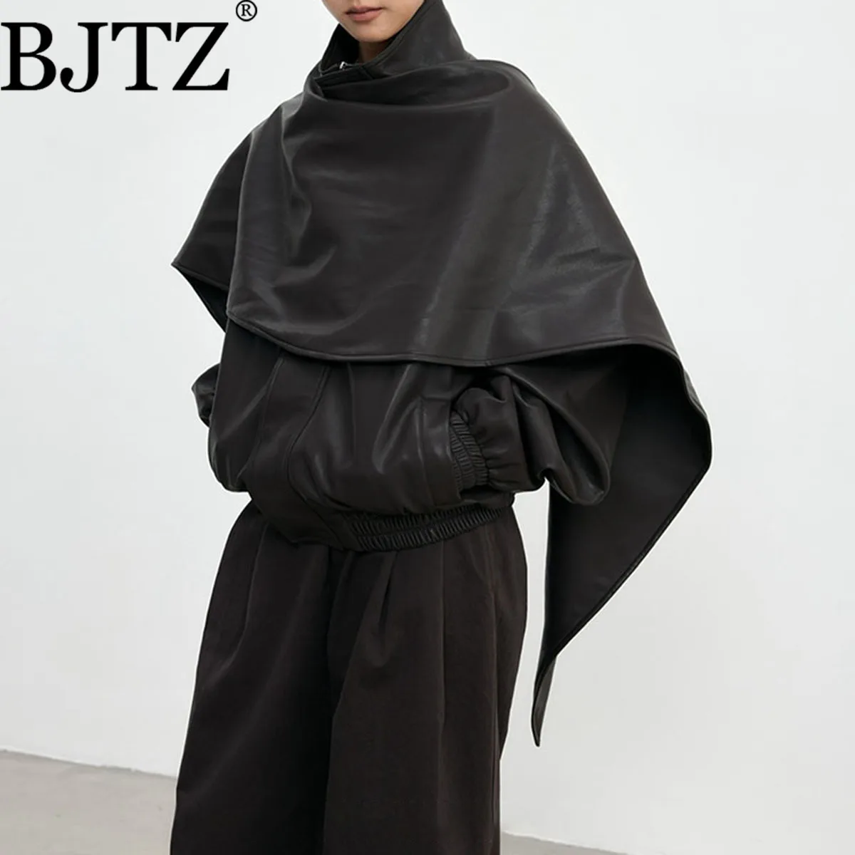 

BJTZ Temperament Scarf Collar PU Leather Short Jacket For Woman 2025 Spring Autumn New Loose Streetwear Office Lady Female Coat