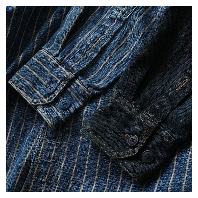 Американская рабочая одежда в стиле ретро Long Sve Denim irt Свободная повседневная полосатая одежда Irt Молодежная трендовая осенняя одежда Безопасное железо