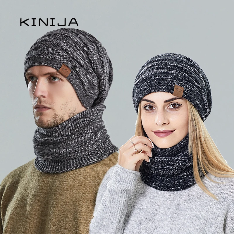 hat scarf set winter men knit bonnets for women outdoor ski cycling plush neck warm windproof cap famle wool thicken Beanies