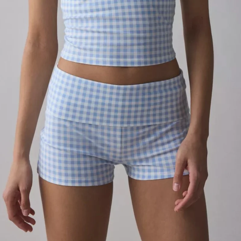 Pantaloncini pieghevoli da donna Y2k Micro pantaloncini a quadretti Pantaloni pigiama ripiegati Slim Fit Mini pantaloncini da uscire