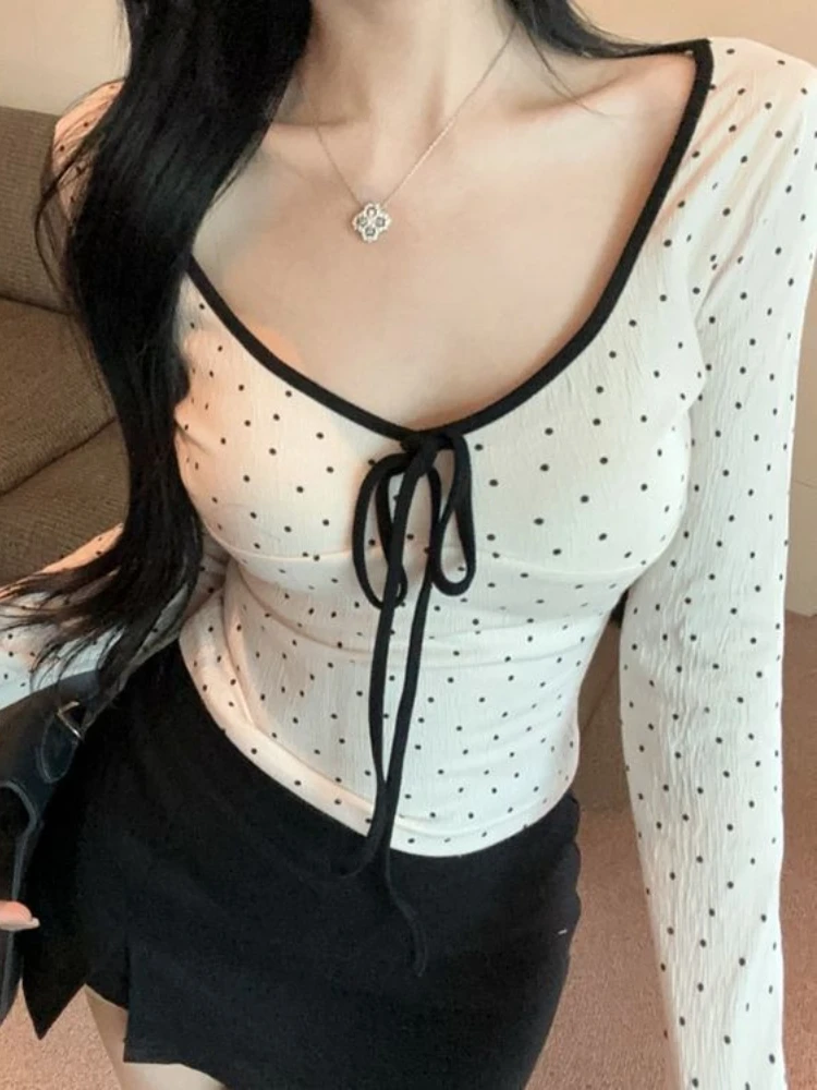 

Autumn France Elegant T-shirt New Streetwear Fashion Long Sleeves Polka Dot Print Tops Women O-Neck Casual Chic Slim Clothing