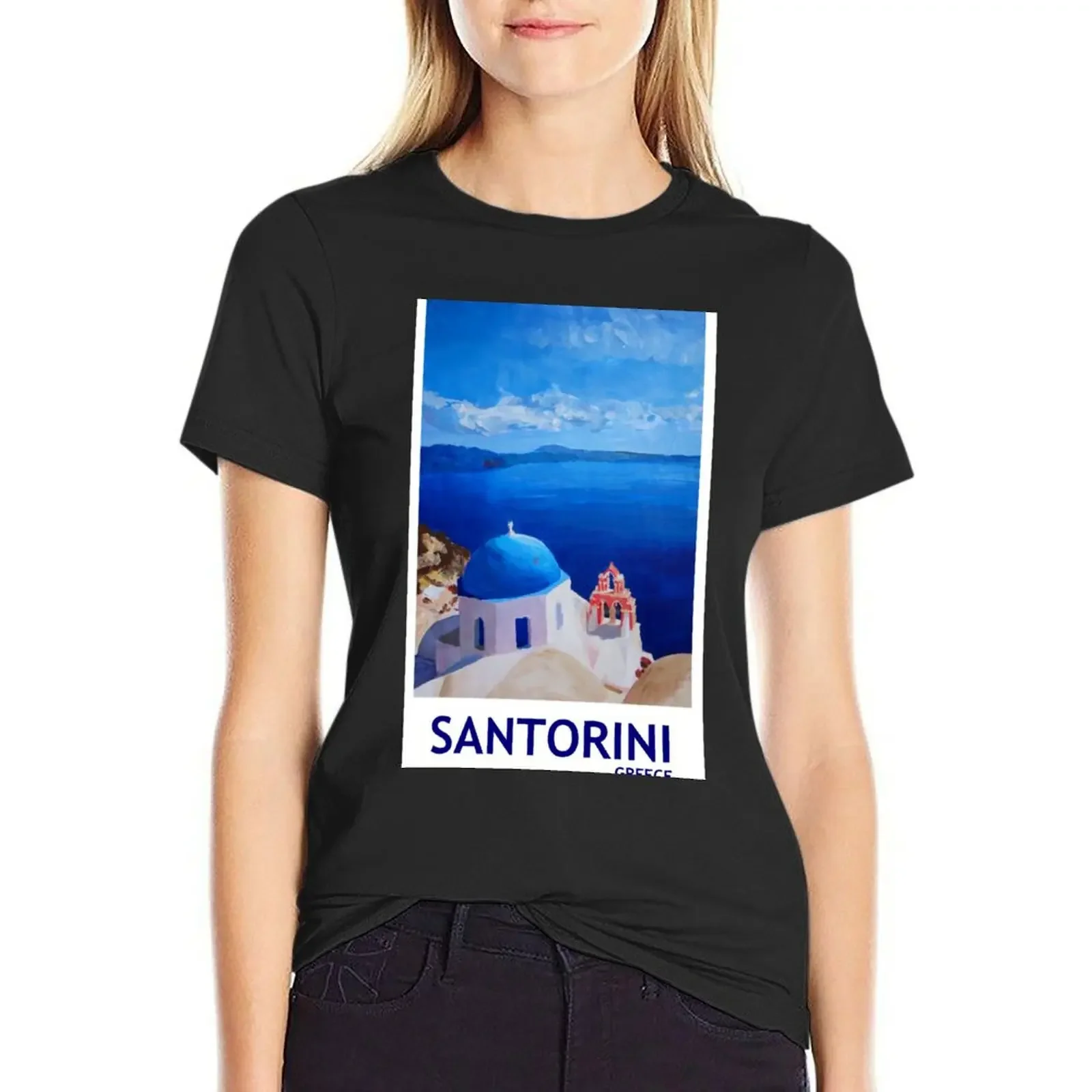 

Santorini Greece retro poster T-Shirt animal print customs design your own hippie clothes t shirts for Women