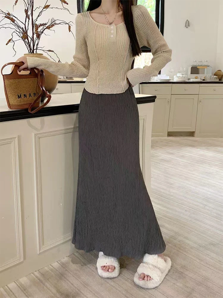 Fall Bodycon Skirt Solid Long Skirt Women Korean Slim Fit Skirt High Waist Elegant Simple Lady Skirts