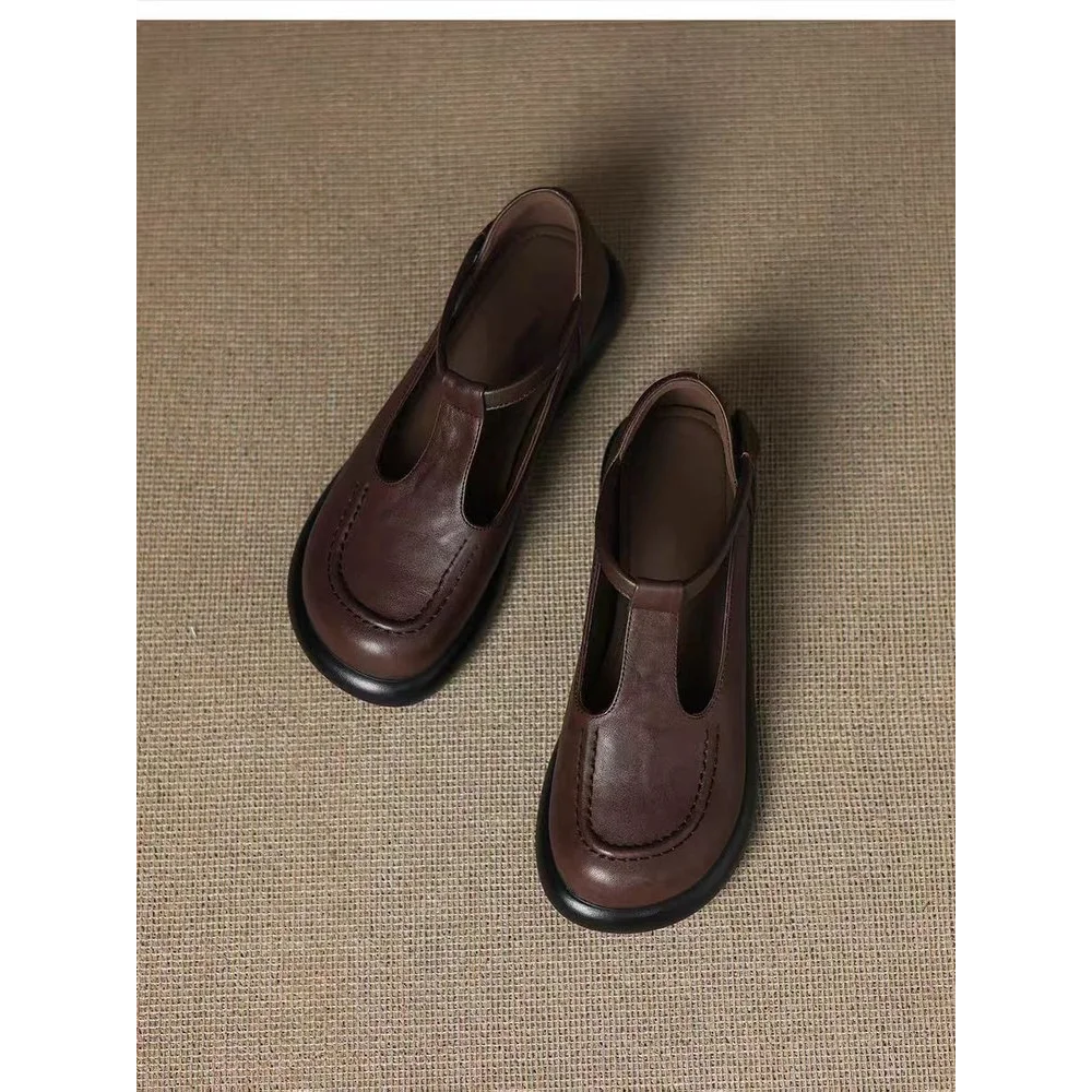 Vintage schokoladenbraune Mary-Jane-Slipper mit runder Zehenpartie, Slip-On-Loafer aus weichem Leder, bequeme Freizeitschuhe, rückenfreie Pantoletten, Streetwear – Detail 11