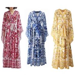 Women Silk Maxi Wrap Dress Porcelain Print Chiffon Boho Beach Evening Gown Flared Sleeves Summer Wedding Party