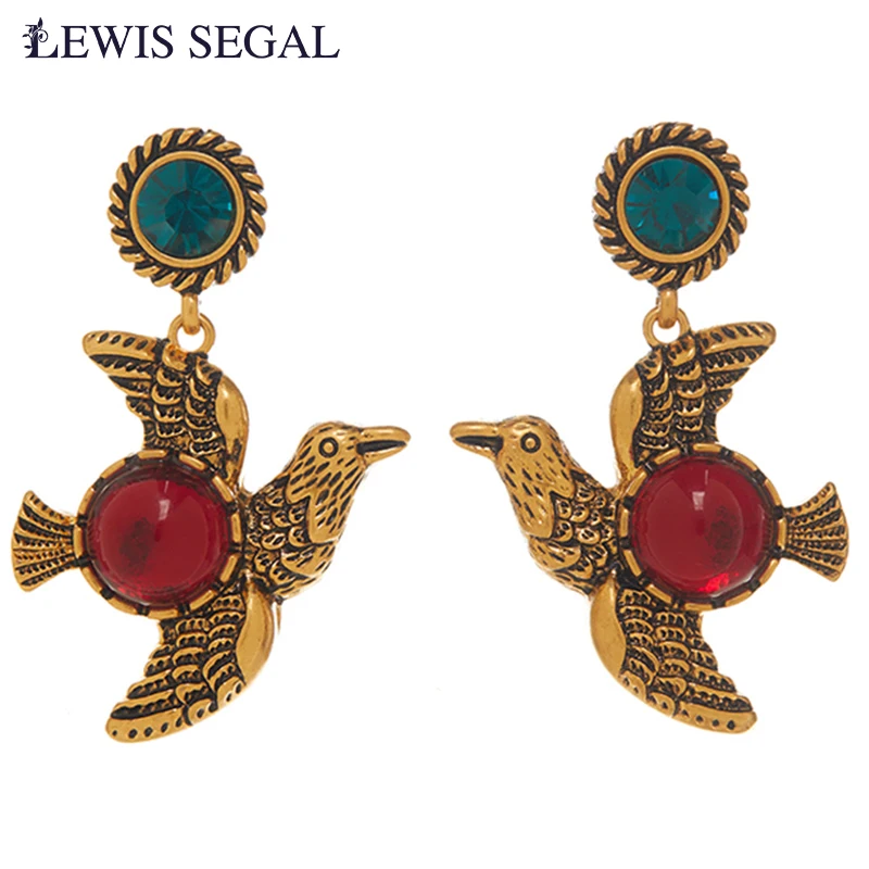 

LEWIS SEGAL Vintage Red Glazed Metal Swallow Dangle Earring for Women Luxury Medieval Style Fine Jewelry 18K Gold Plated