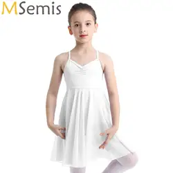 Girls Chiffon Ballet Dancer Leotard Dress Criss Cross Shoulder Straps Pleated Gymnastic Leotard for Stage Performance Wear