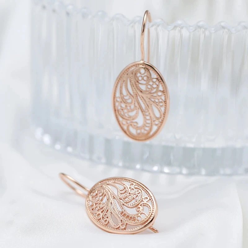 Wbmqda Vintage Hollow Metal Flower Hanging Earrings For Women 585 Rose Gold Color Ethnic Bride Wedding Party Fine Jewelry Gifts