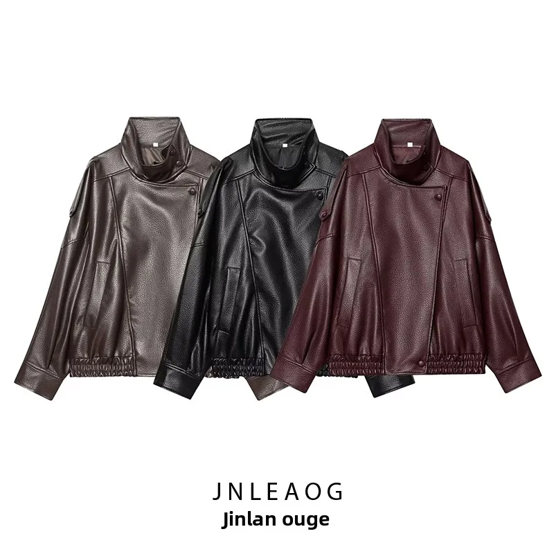 Jaqueta Feminina de Couro PU Versátil e Elegante, Novo Design de Outono, Casual, Com Zíper e Manga Longa JNLEAOG