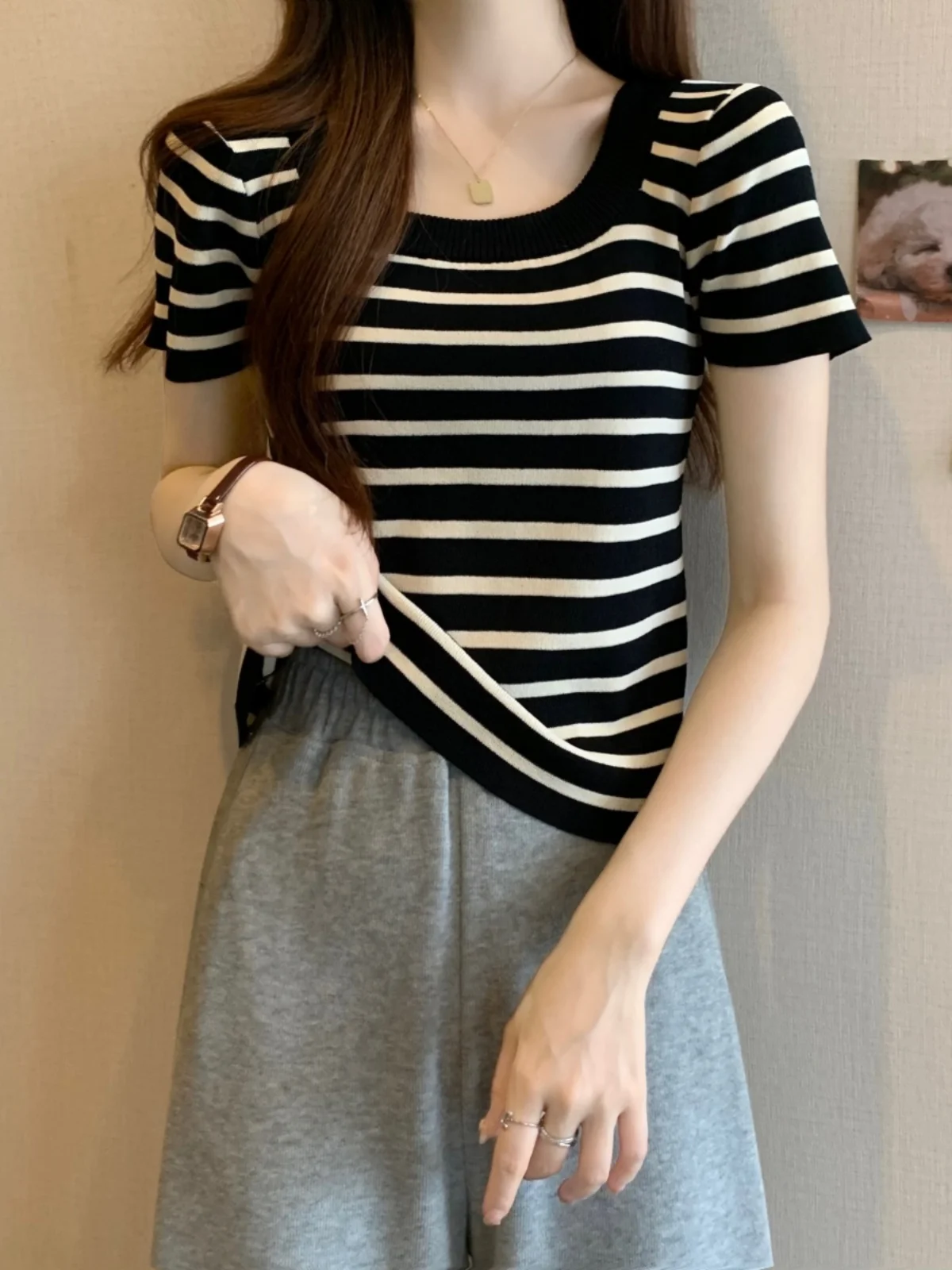 

Slim Fit Knitted Short Sleeve T-Shirt Women's Summer Large Size Fat MM Small Shirt Striped Slimming Top Korean Style Commute ...
