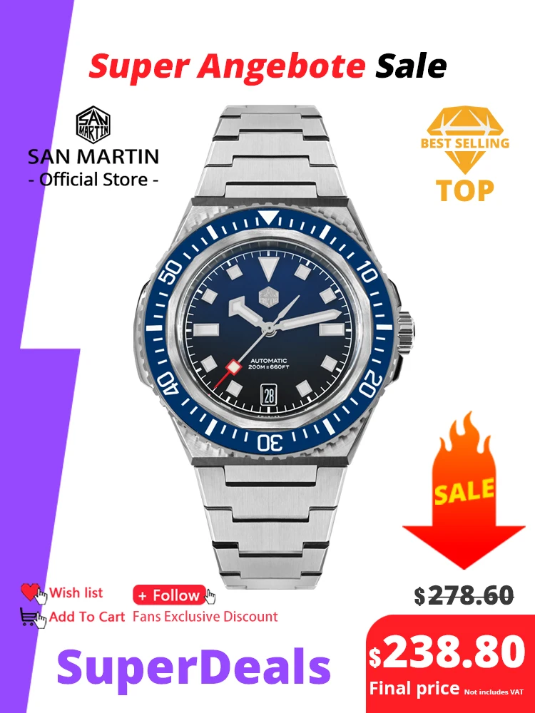 San Martin 41mm Men Diving Watch Integrated Case NH35 Automatic Mechanical Watch Original Design 200m Waterproof Sapphire SN0146