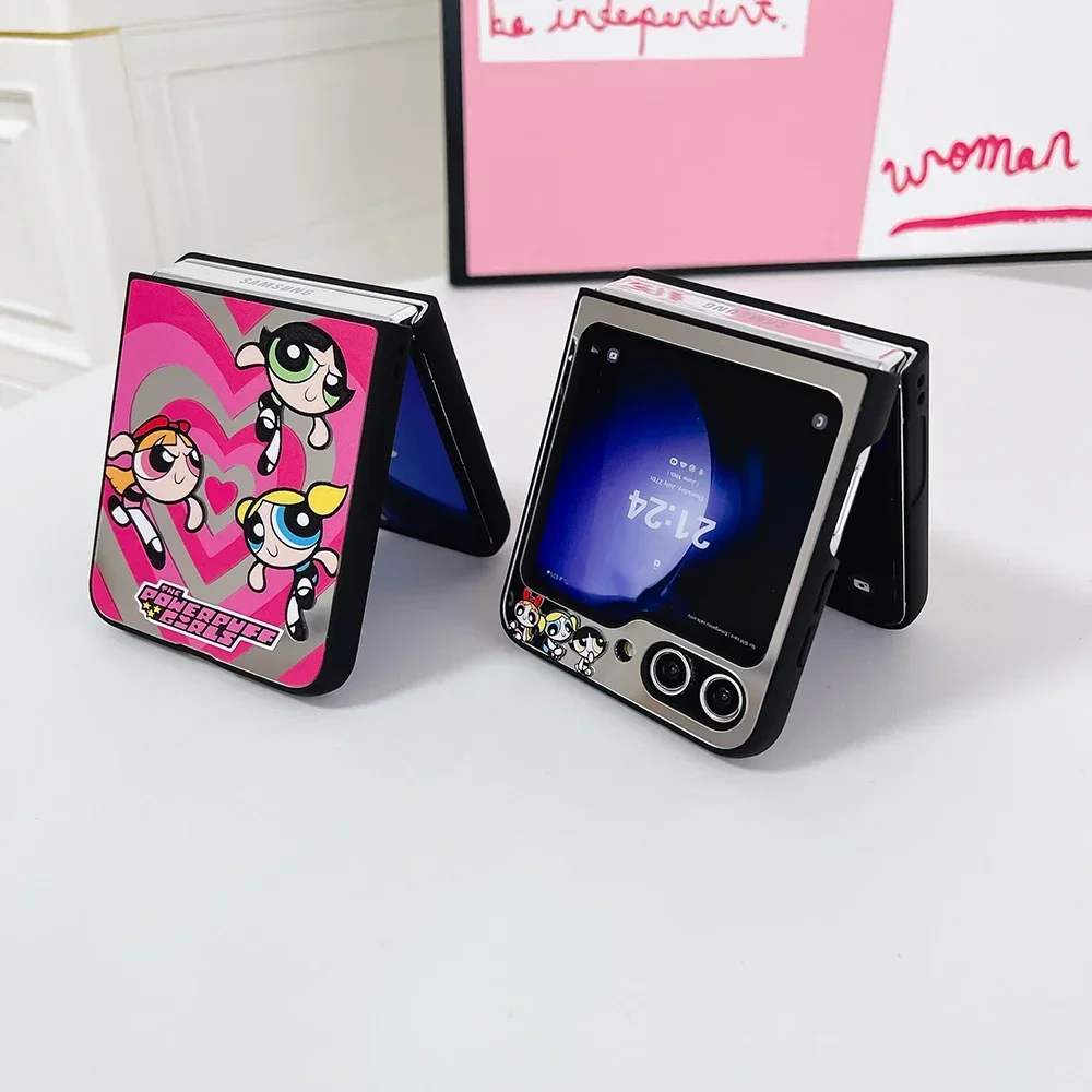 Cute Cartoon Powerpuffs Girls Mirror with Bracelet Phone Case for Samsung Galaxy Z Flip 3 4 5 5G PC Anti-drop Back Cover Funda