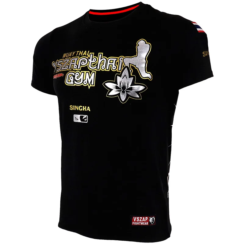 Vszap Gym Cotton Breathable Thai Boxing Style Lotus Short Sleeve Men's T-shirt MMA Combat sport