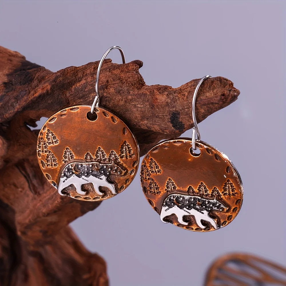 1 pair of forest bears make old earrings. Rural ethnic style earrings. Hanging handmade accessories.