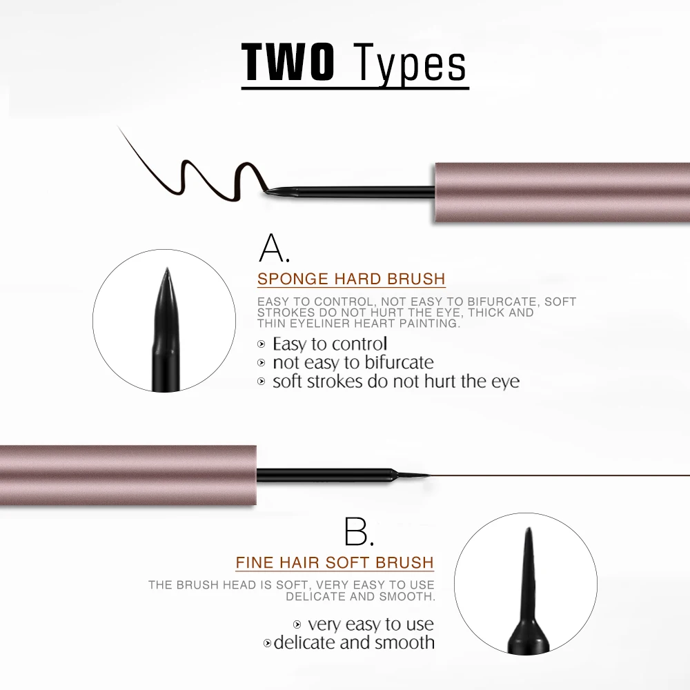 O.TWO.O Waterproof Liquid Eyeliner Pen Two Types Brush Tip Easily Draws Long Lasting Eye Liner Pencil Thin Thick Defined Lines