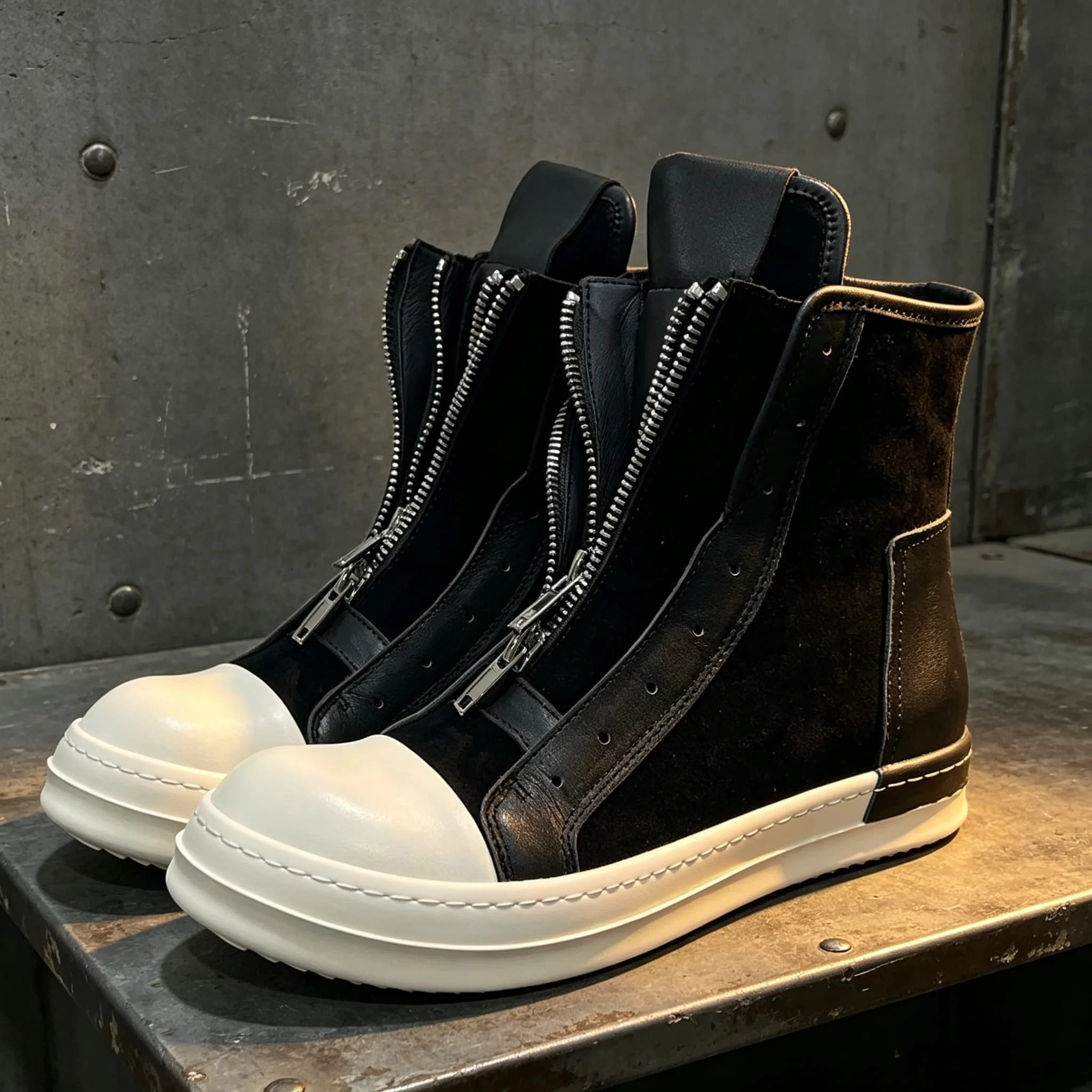 Fashionable Autumn Winter High Top Leather RO Shoes Street Style Double Zipper Hip Hop Personality Trendy Unisex High Help Sk...
