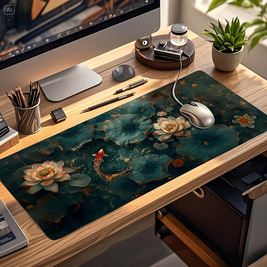 

Коврик для мыши с дизайном лотоса и карпа, удлиненный, нескользящий, резиновый, для игр и офиса