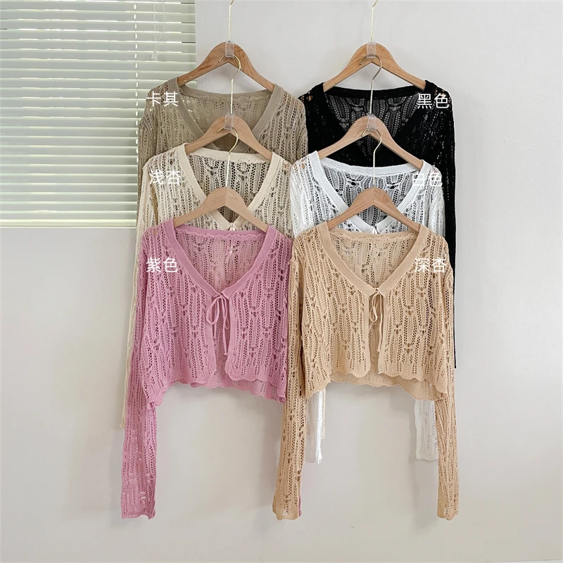 Pointelle Knit Long Sleeve Tie Front Cardigan Sweater for Women Cover-Up Spring Summer Teengirl Y2K Grunge Outfit