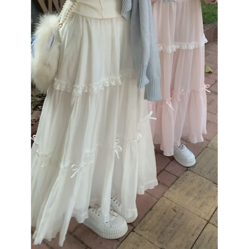 

Women Sweet Lace Bow Tiered Maxi Skirt Casual High Waist Chiffon Fairy Skirt