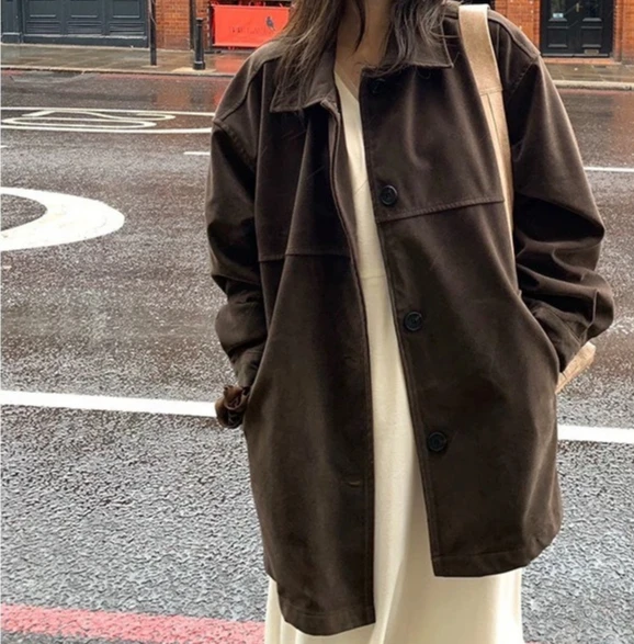 

Autumn and Winter Coat for Women Retro Style Loose Windbreaker Mid Length Jacket