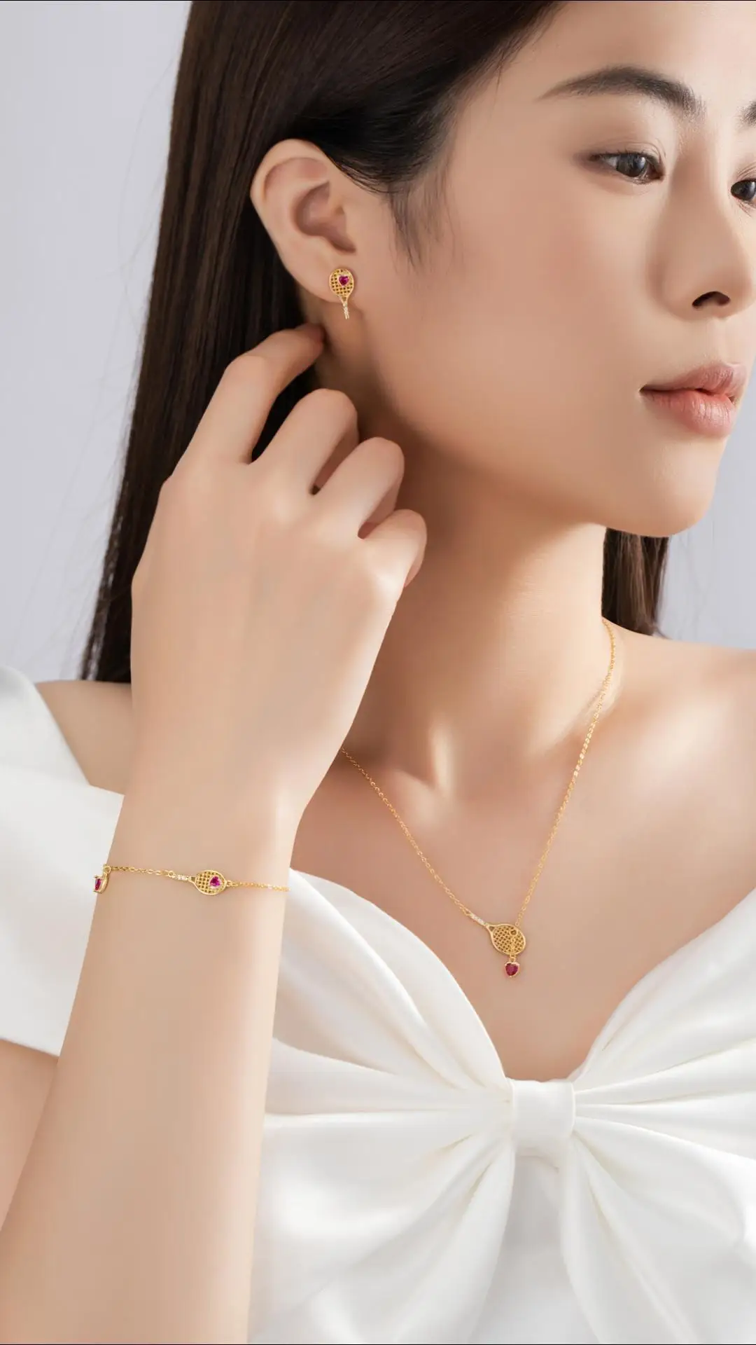 3PCS 925 Sterling Silver Tennis Racket Pendant Necklace Zircon Bracelet Earring Set Women's Jewelry Gift for Valentine's Day view 4