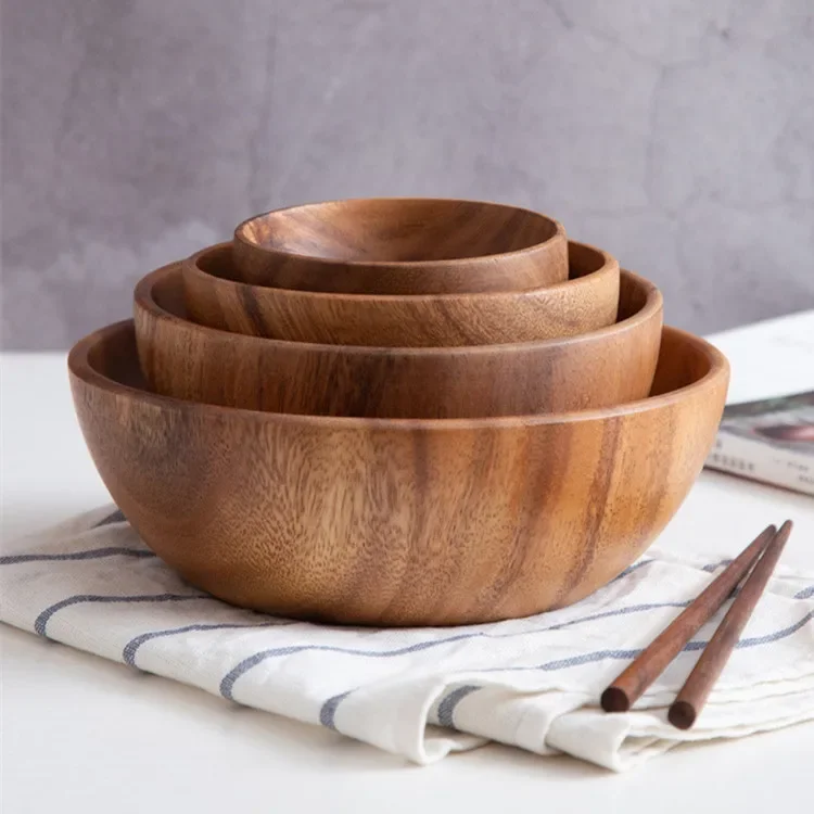 Acacia Wood Flat Bottom Bowl Acacia Solid Wood Large Basin Wooden Plate Rice Bowln Fragrance Household Basin Fruit Salad Bowl