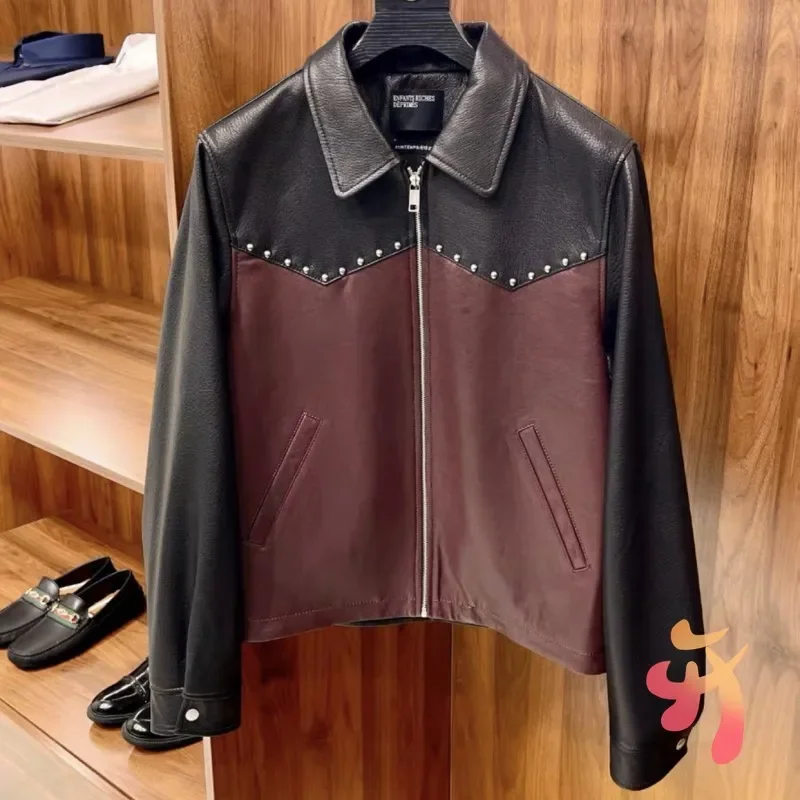 Color Blocked Oil Wax Leather ERD Jackets High Street Fashion Rivet Zipper Coats Original Dust Bag Motorcycle Men Women Cleanfit