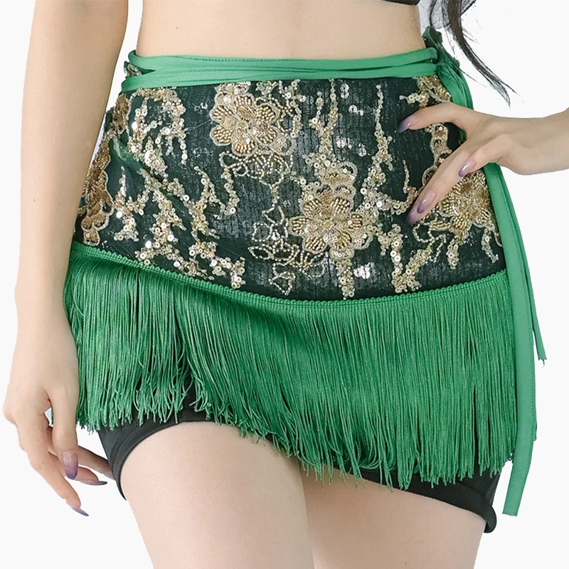 Belly Dance Sequins Bead Embroidery Tassel Hip Scarf Performance Clothes Oriental Dance Practice Hip Skirt Wrap Belt Waist Chain