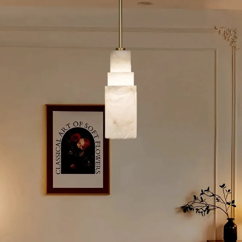 Spanish Natural Marble Pendant Light  Home Dining Table Bar Bedroom Bedside Translucent Stone Triple-Head Brass copper hang Lamp