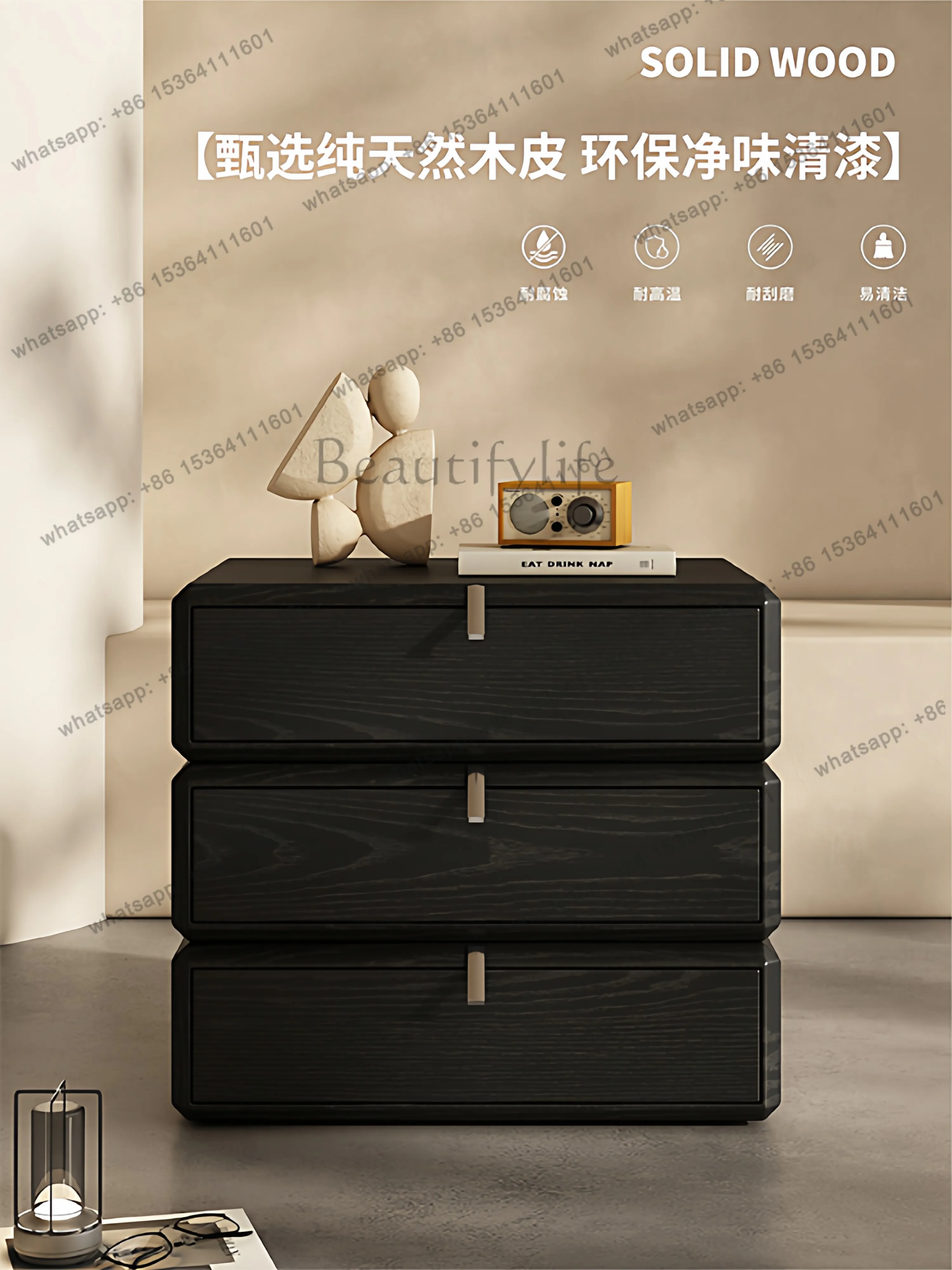 Black bedside table Modern minimalist design Solid wood leather textured cabinet Rotatable