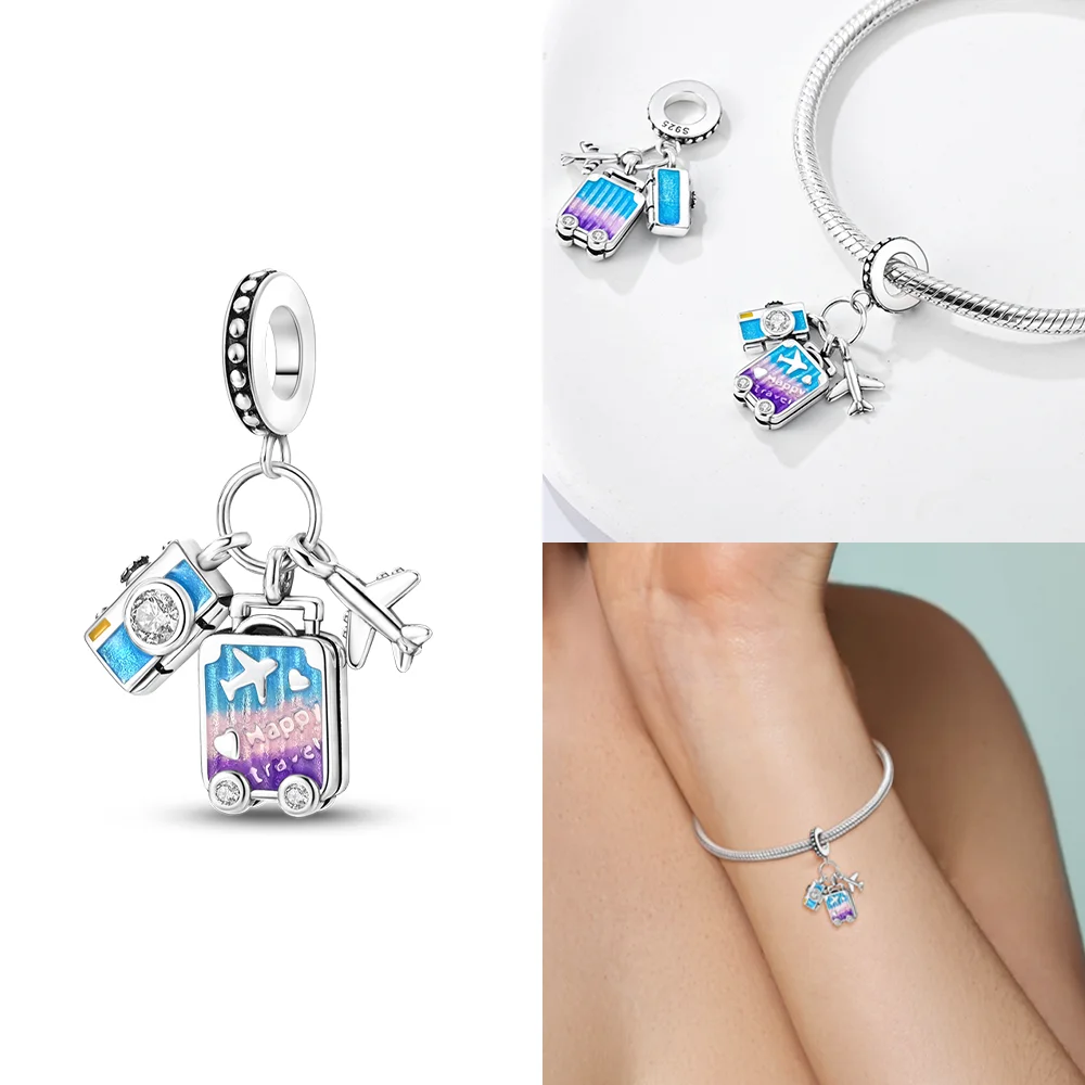 Travel Suitcase Airplane Camera Silver Plated Beads Original Charms Fit Bracelets Bag Keychain Charms DIY Women Gift Accessory