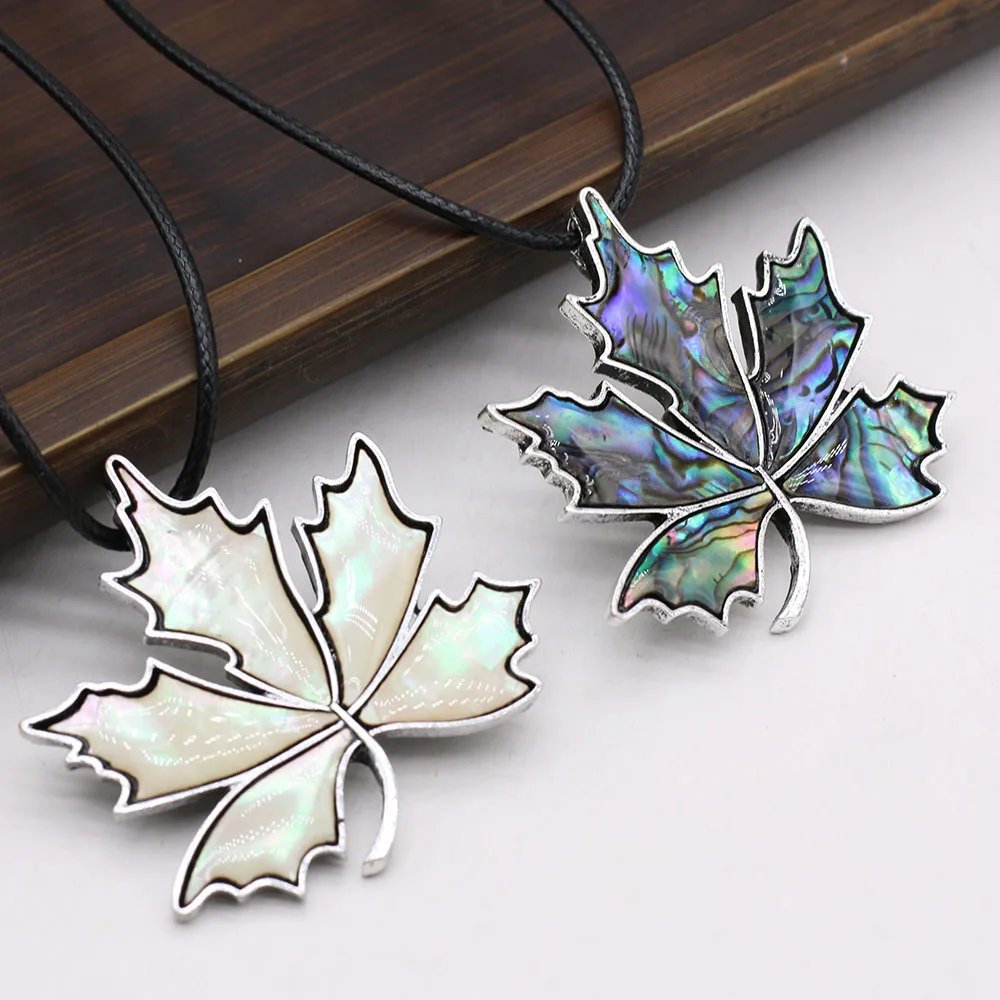 Natural Abalone Shell Pendant Necklace Vintage Maple Leaf Shape Alloy Brooch Necklace With Leather Rope Charm Jewelry For Women