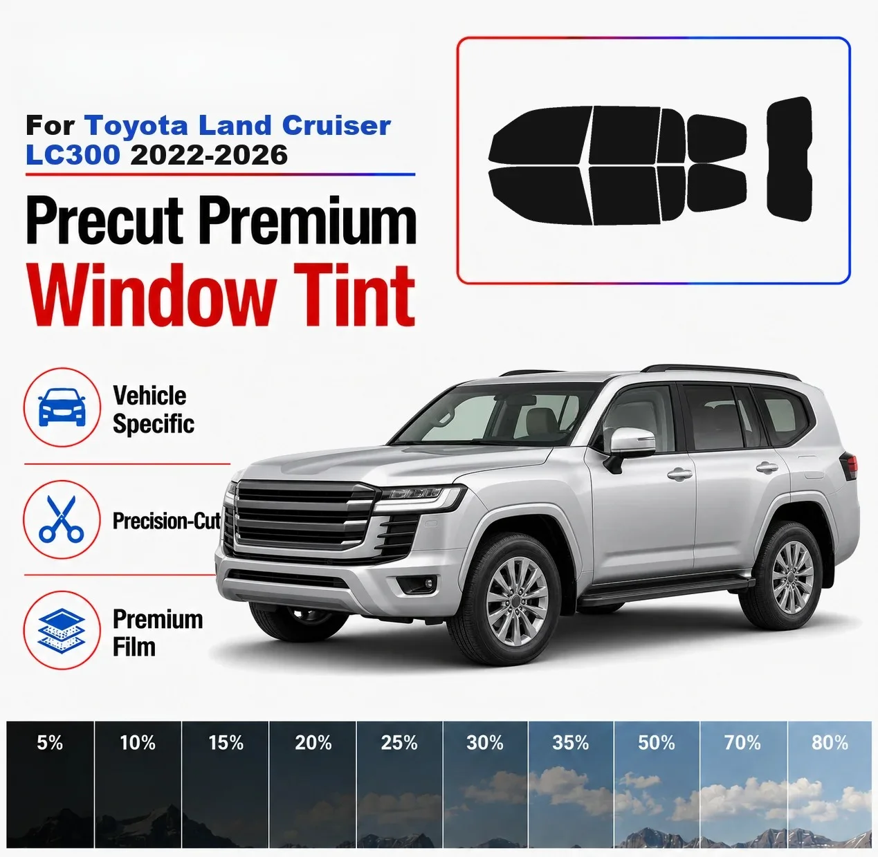 Premium Precut Window Tint Kit Front Rear Windows Rear Windshield For Toyota Land Cruiser LC300 2022-2026 Nano Ceramic Film