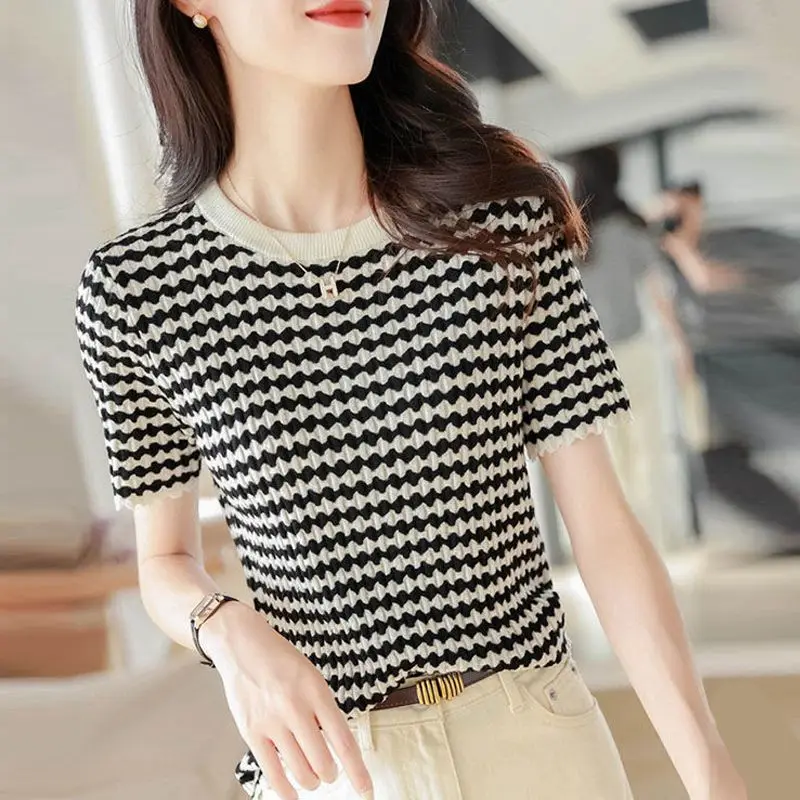 

Модный волнистый свитер с короткими рукавами для женщин, пуловер, темпераментная универсальная футболка, топ