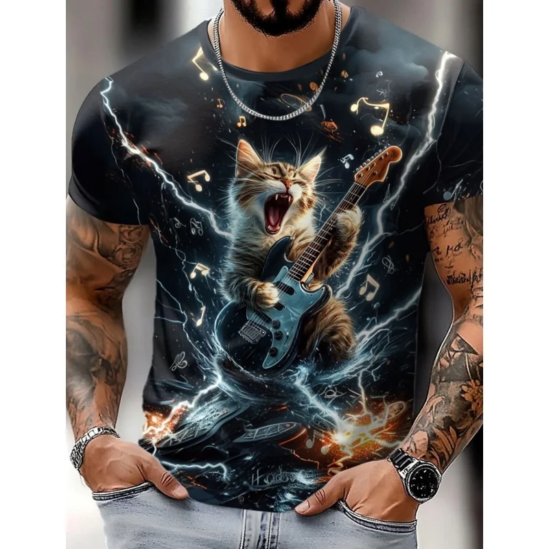 Cool Music Cat Shark Pattern T Shirt For Men Guitar Skateboarding 3D Printed Tees Casual Short Sleeve O-Neck Top Street T-Shirts