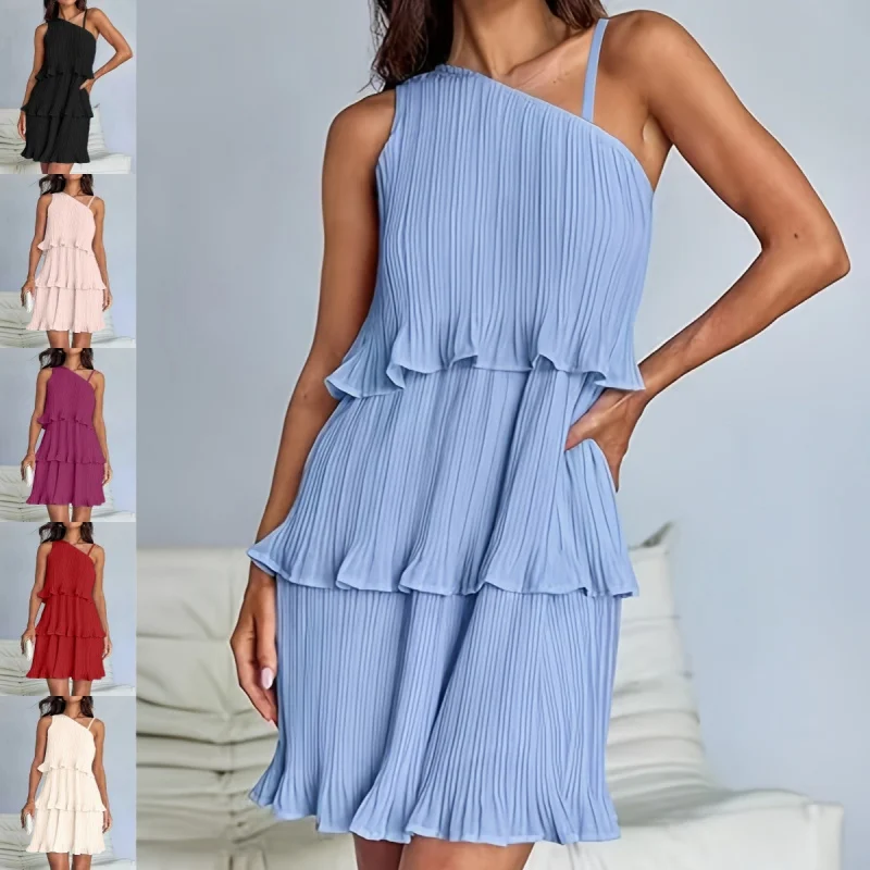 

Pleated One-Shoulder Layered Ruffle Dress Women, Sleeveless Casual Beach Vacation Party Dress