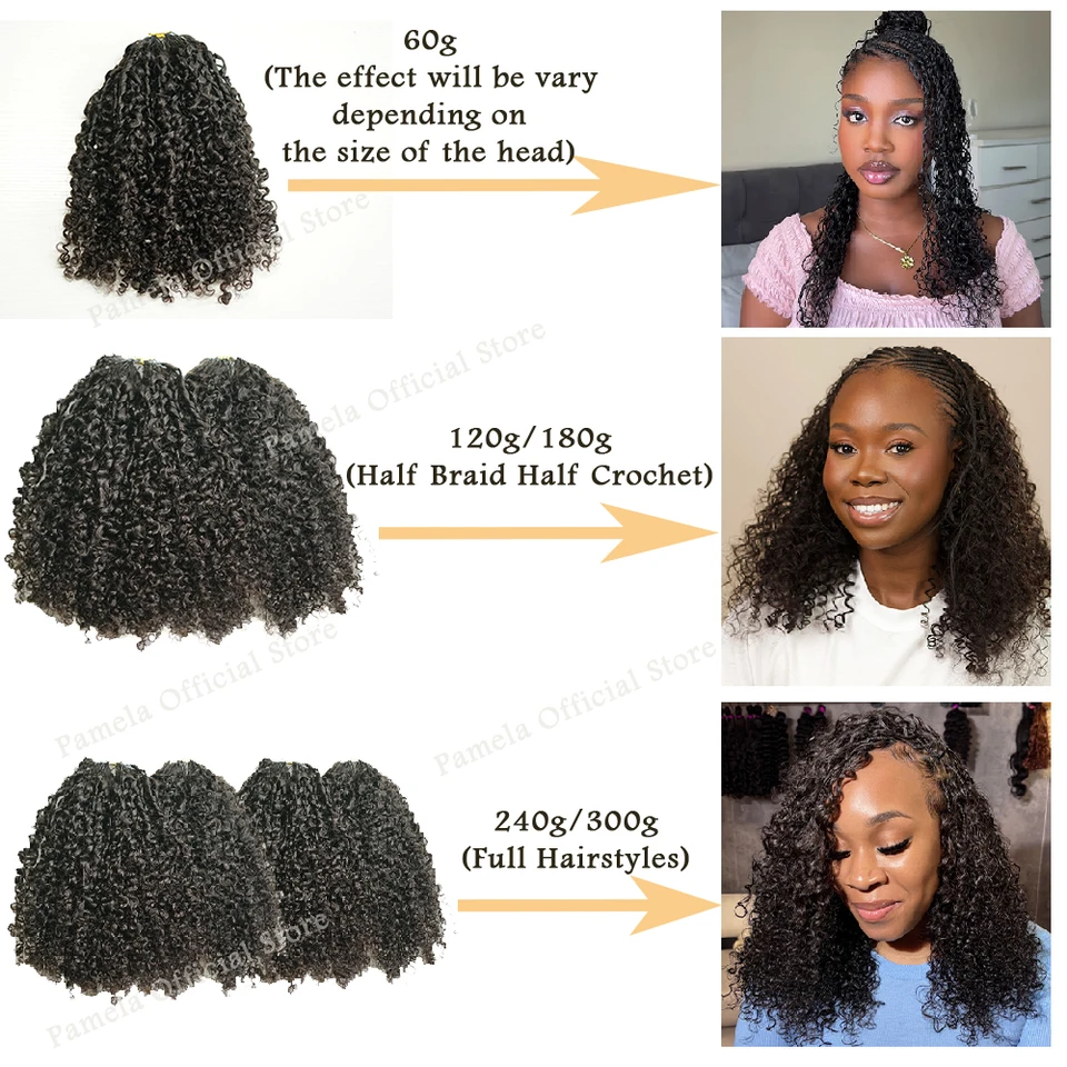 Cabello afro kinky birmano curly crochet humano sin nudos, pre-separado, extensiones de cabello con plumas, 100% humano 3