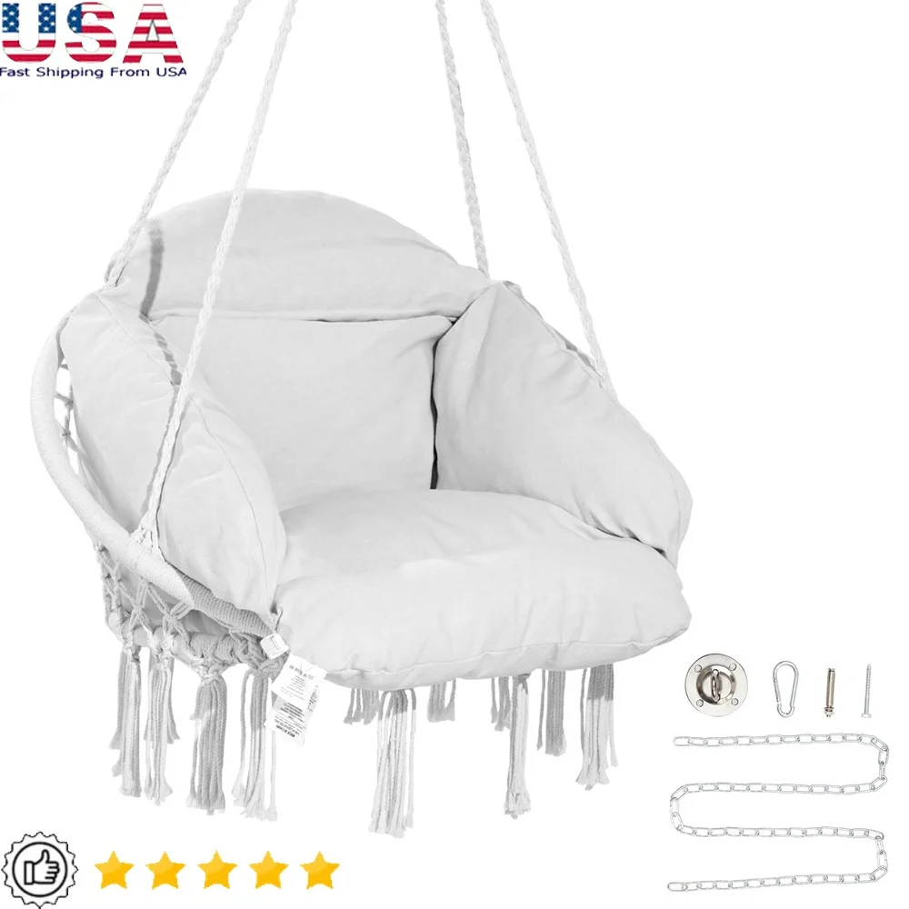 

Cotton Rope Swing Chair with Cushion Mounting Kit Indoor Outdoor Relaxation Hammock Comfortable Macrame Cradle Portable Reading