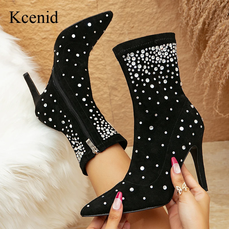 

Kcenid Sexy High Heels Pointed Toe Crystal Rhinestone Women Ankle Boots Zipper Shoes Flock Fashion Short Botas De Mujer