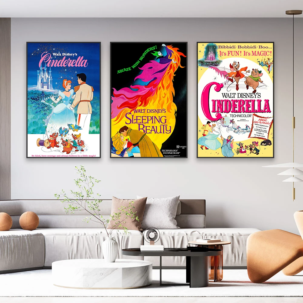 Disney Cinderella Movie Poster Vintage 1965 Movie Prints Sleeping Beauty Princess Film Art Canvas Painting Kids Bedroom Decor