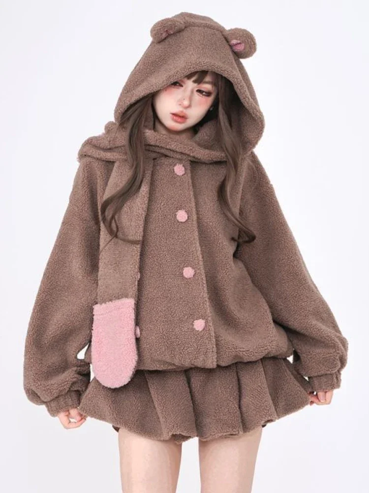 Winter Warm Kawaii Two-piece Set Women Wool Korean Elegant Skirt Suit 2024 Japanese Sweet Hooded Coat + Lolita Party Mini Skirt