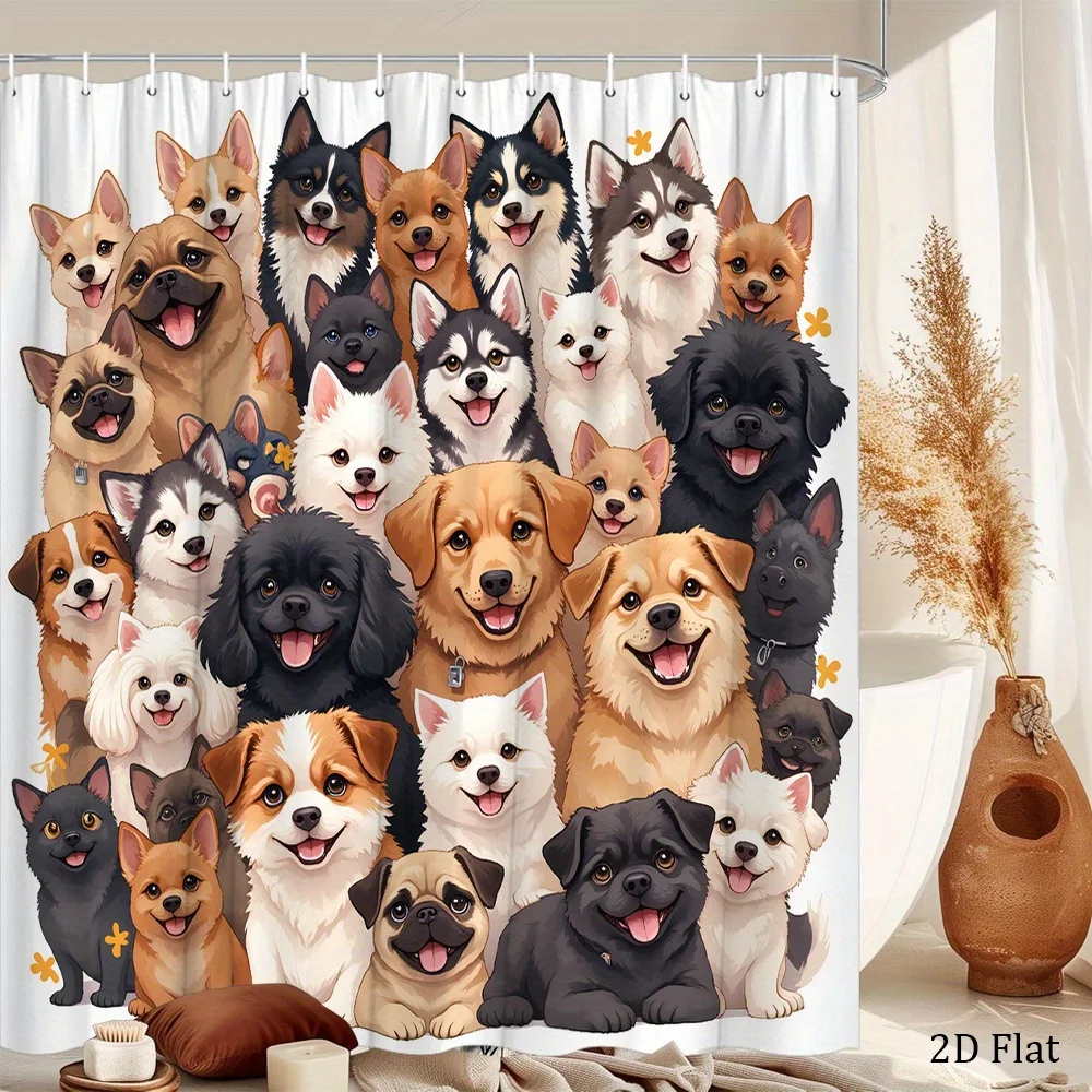 1pc Dog Breeds Collection Shower Curtain - Cute Cartoon Dog Faces Design, 70.8x70.8 Inch with 12 Hooks, Polyester Washable Bathr
