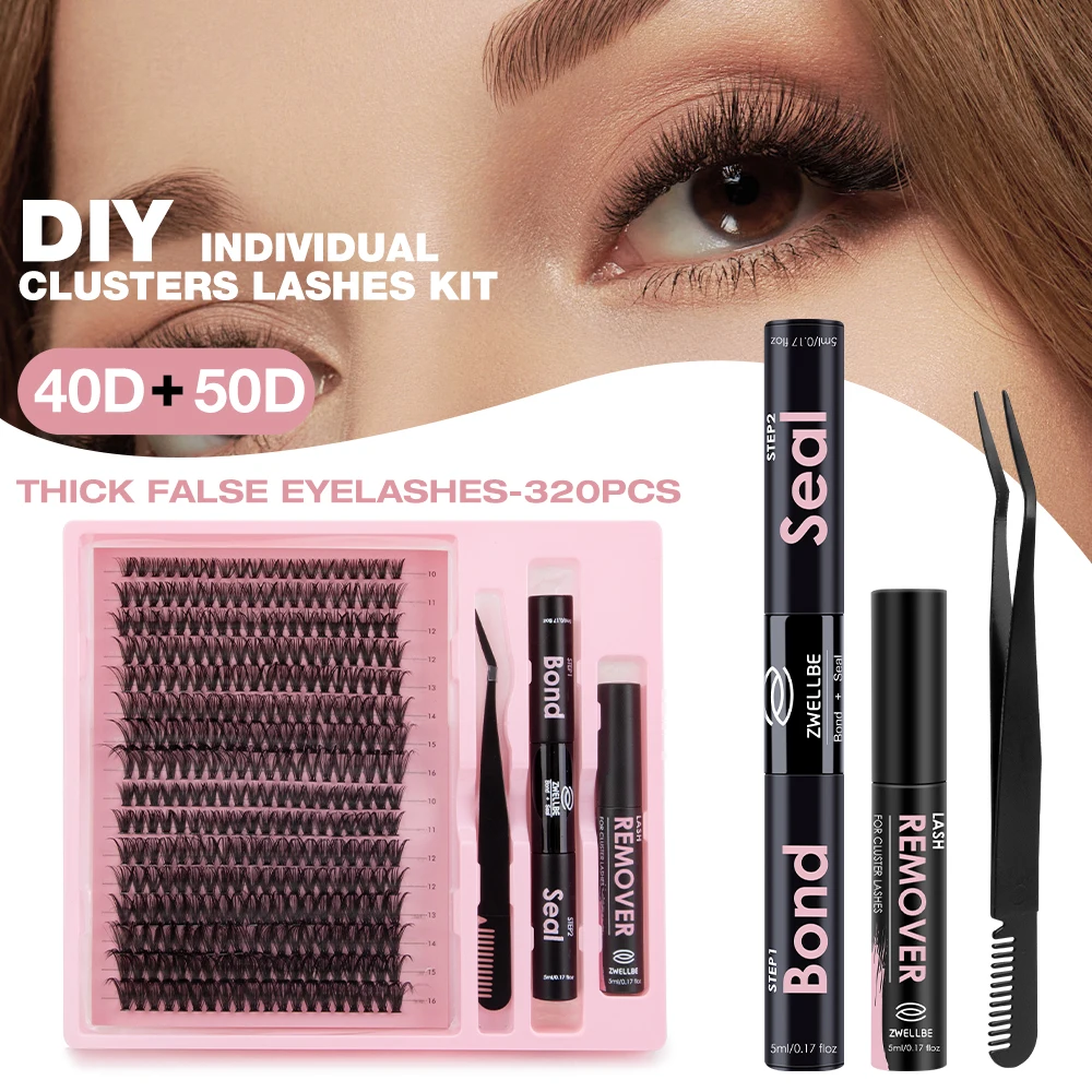 DIY Lash Extension Kit 320 Pcs Clusters Individual Lashes Natural 9-16mm D Curl with Bond Seal Tweezers Lash Glue Remover Makeup